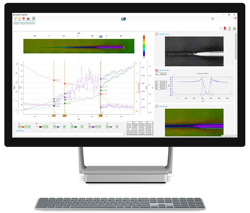 3D Scratch tester data showing panoramic image  combined with scratch adhesion data