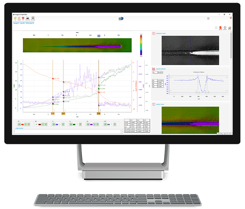 3D Scratch tester data showing panoramic image  combined with scratch adhesion data