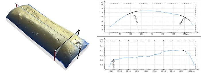 3D image of a key tooth and the radii measurements on its cross profiles