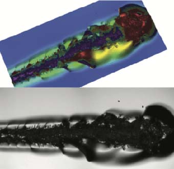 Automotive coating failure image using confocal microscope on 3d scratch tester