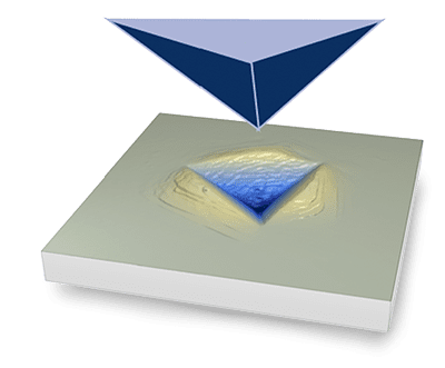 Diamond tip pushed into sample during instrumented indentation